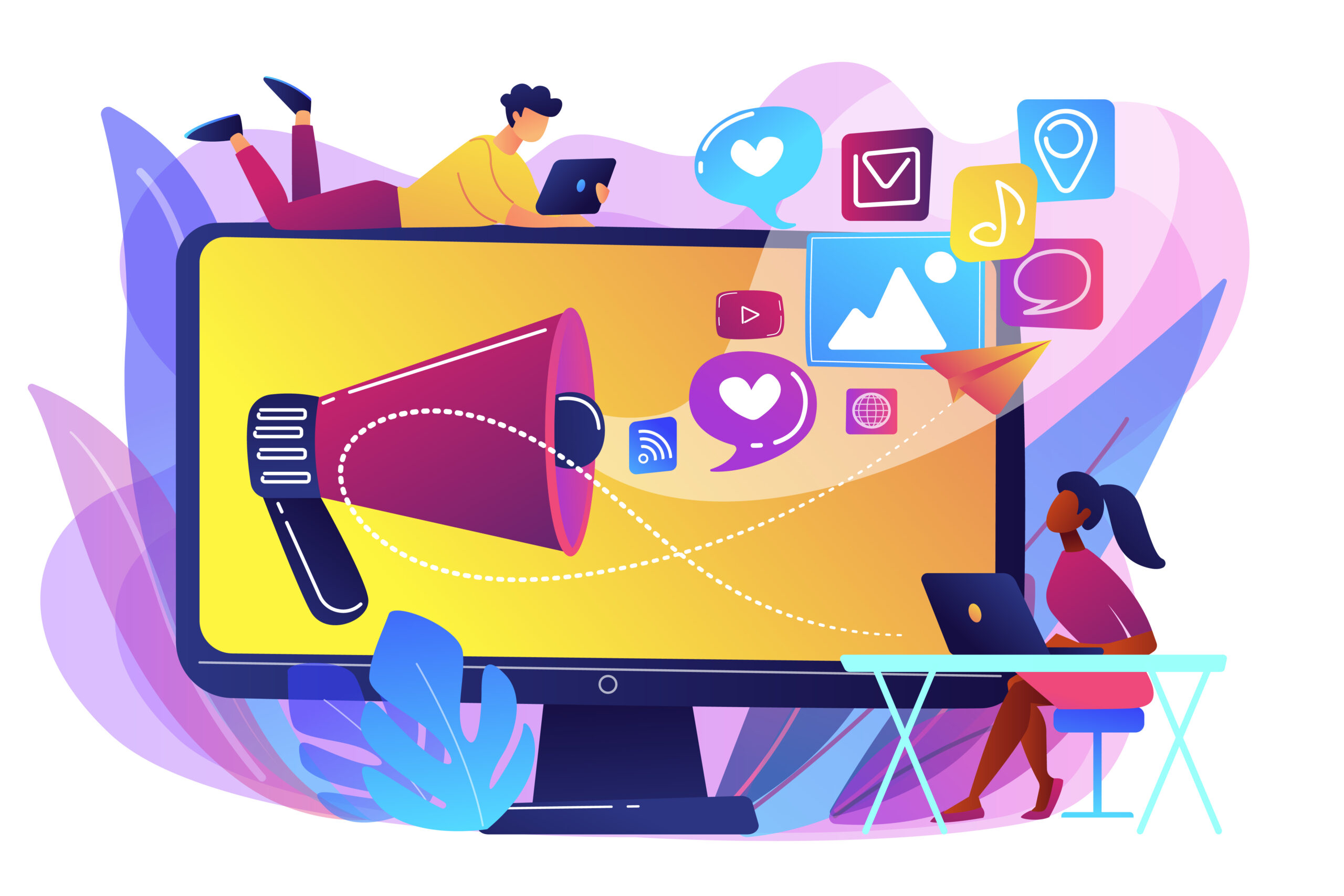 Marketing specialists and computer with megaphone and social media icons. Social media marketing, social networking, internet marketing concept. Bright vibrant violet vector isolated illustration